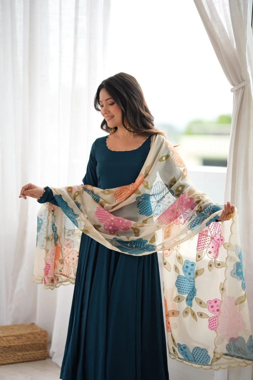 Premium Pure Romansilk 16 Kali Anarkali with Fancy Position Print Dupatta